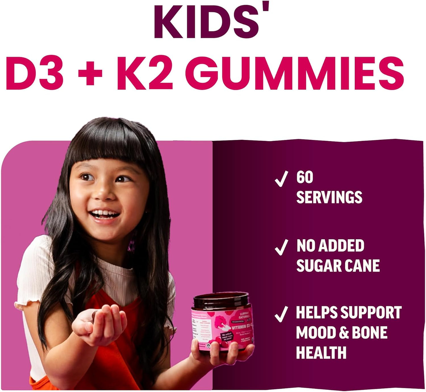 Llama Naturals Gomitas de vitamina D3 K2 para niños, veganas, orgán...