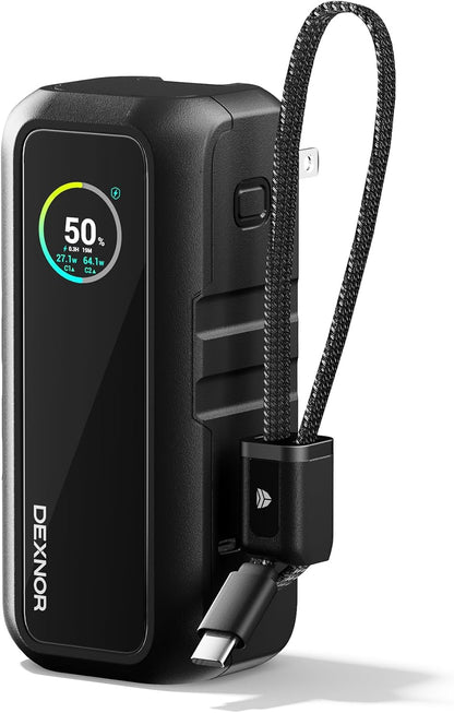 Dexnor Banco de energía 3 en 1, batería de 15,000 mAh con salida de 65 W, enchufe de CA plegable, cable de mango USB integrado, compatible con carga rápida PD3.0 y PPS, cargador portátil elegante para