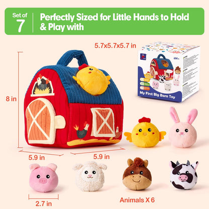 hahaland - Juguetes para bebés de 6-12 meses, juego de granero con animales de peluche de granja, sonajero, papel crujiente, espejo, juguetes montessori sensoriales para niños pequeños de 1-3 años