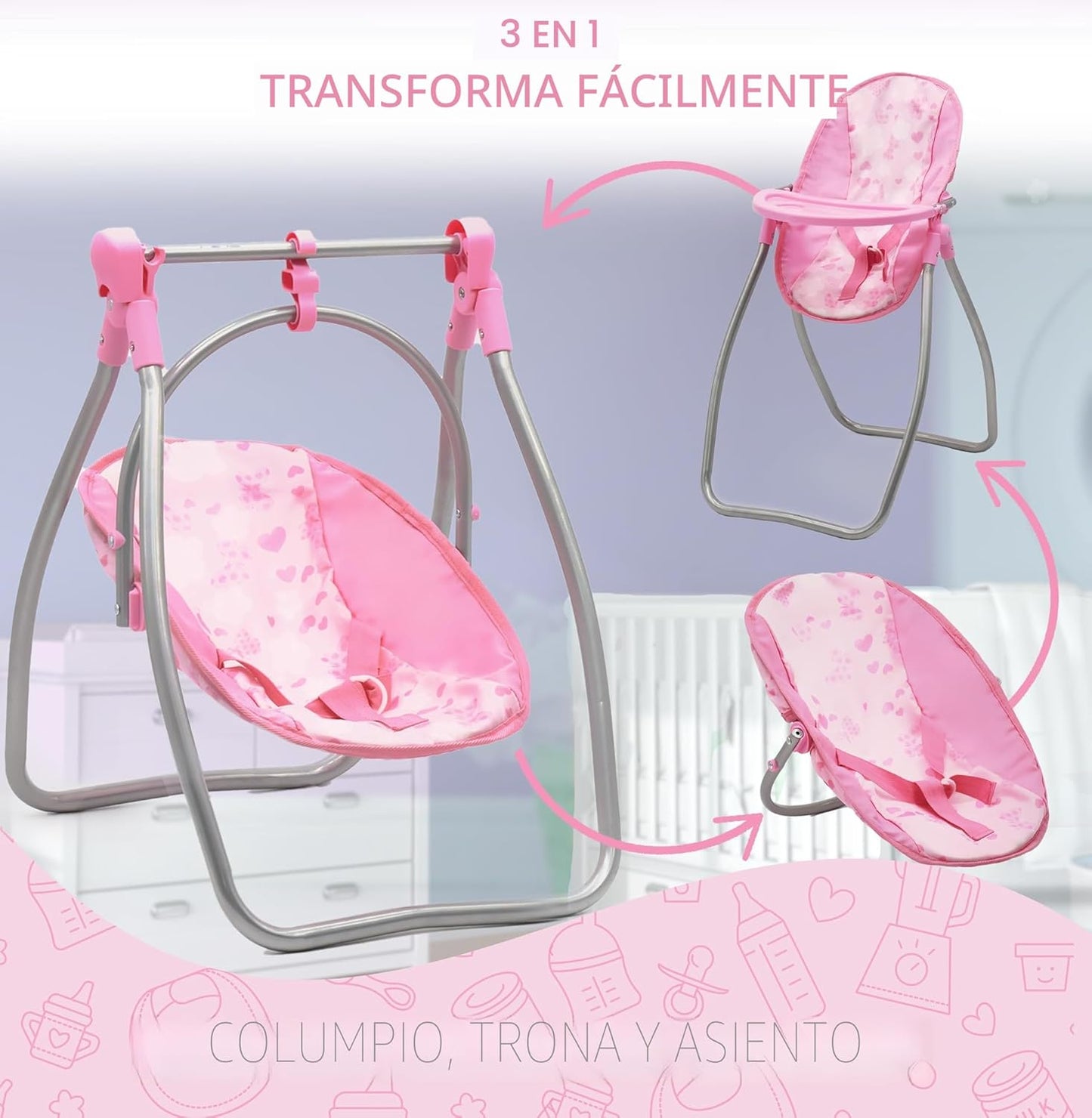Juego de cochecito, columpio y cuna para muñeca bebé, juego de acce...