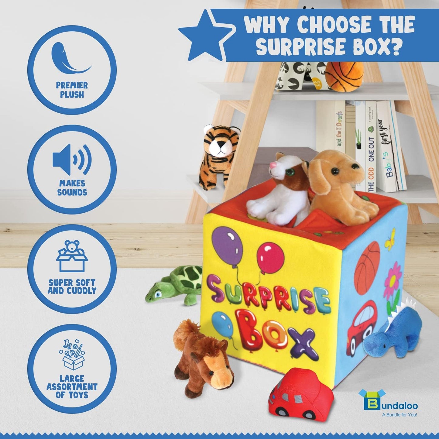 Bundaloo Caja misteriosa sorpresa con 8 juguetes de peluche de alta calidad, juego sensorial suave con sonidos de prensa para escuchar, varios peluches, animales de peluche, vehículos, pelotas para