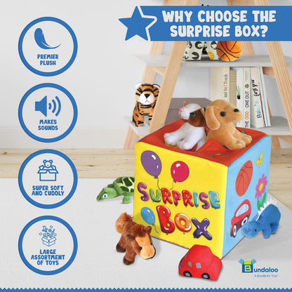 Bundaloo Caja misteriosa sorpresa con 8 juguetes de peluche de alta calidad, juego sensorial suave con sonidos de prensa para escuchar, varios peluches, animales de peluche, vehículos, pelotas para