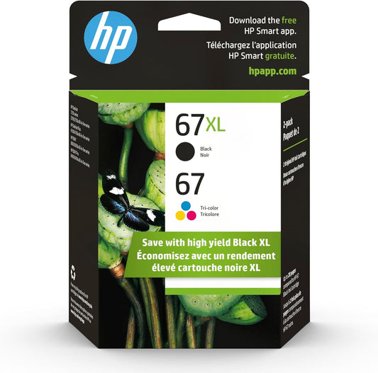HP Cartuchos de tinta negros originales 67 tricolor / 67XL (paquete de 2) | Works DeskJet 1255, 2700, 4100 Series Envy 6000, 6400 Series | Elegible para tinta instantánea | 3YP30AN