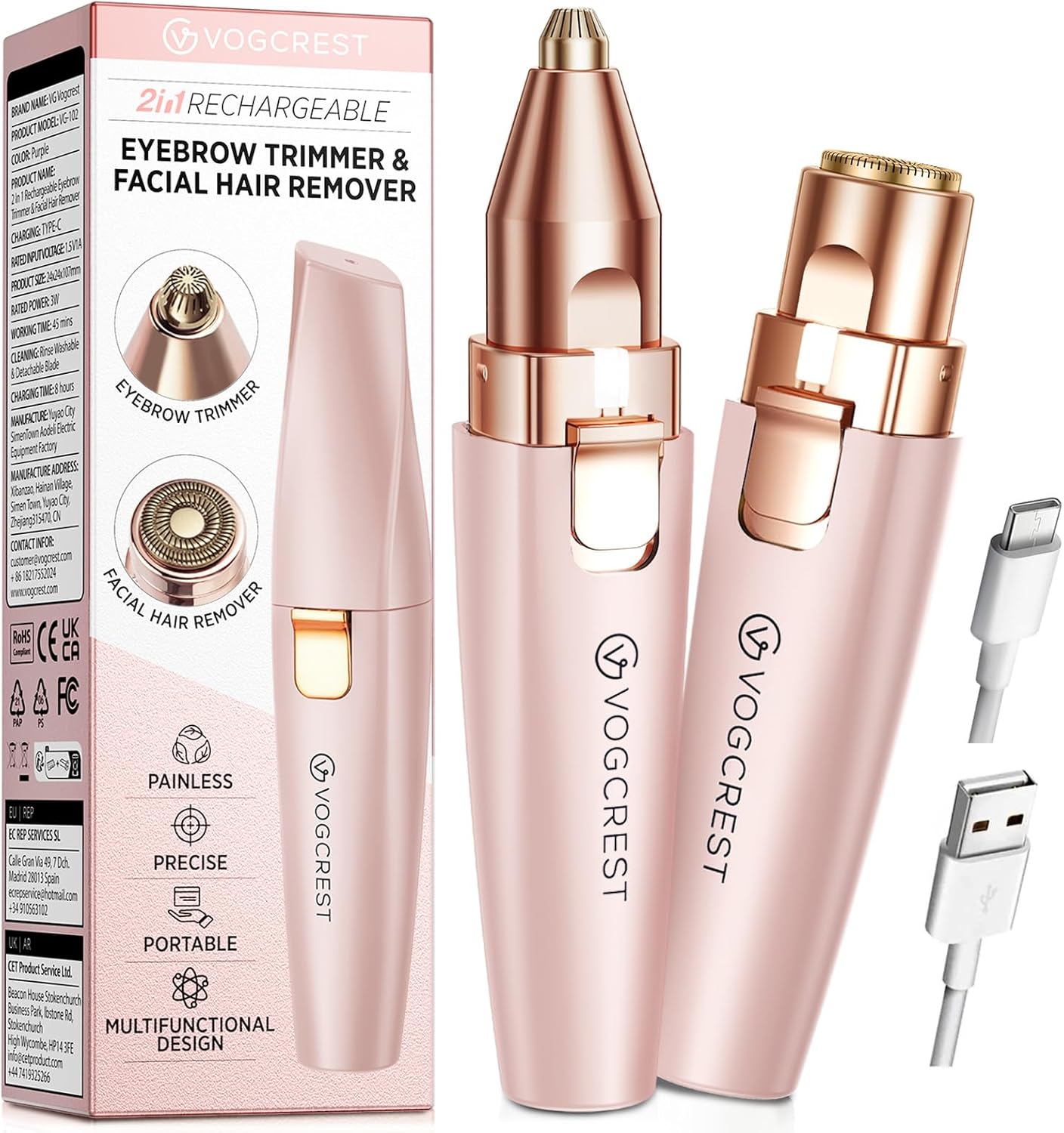 VG VOGCREST Afeitadora Facial y de Cejas: 2 en 1 Recargable, Recort...