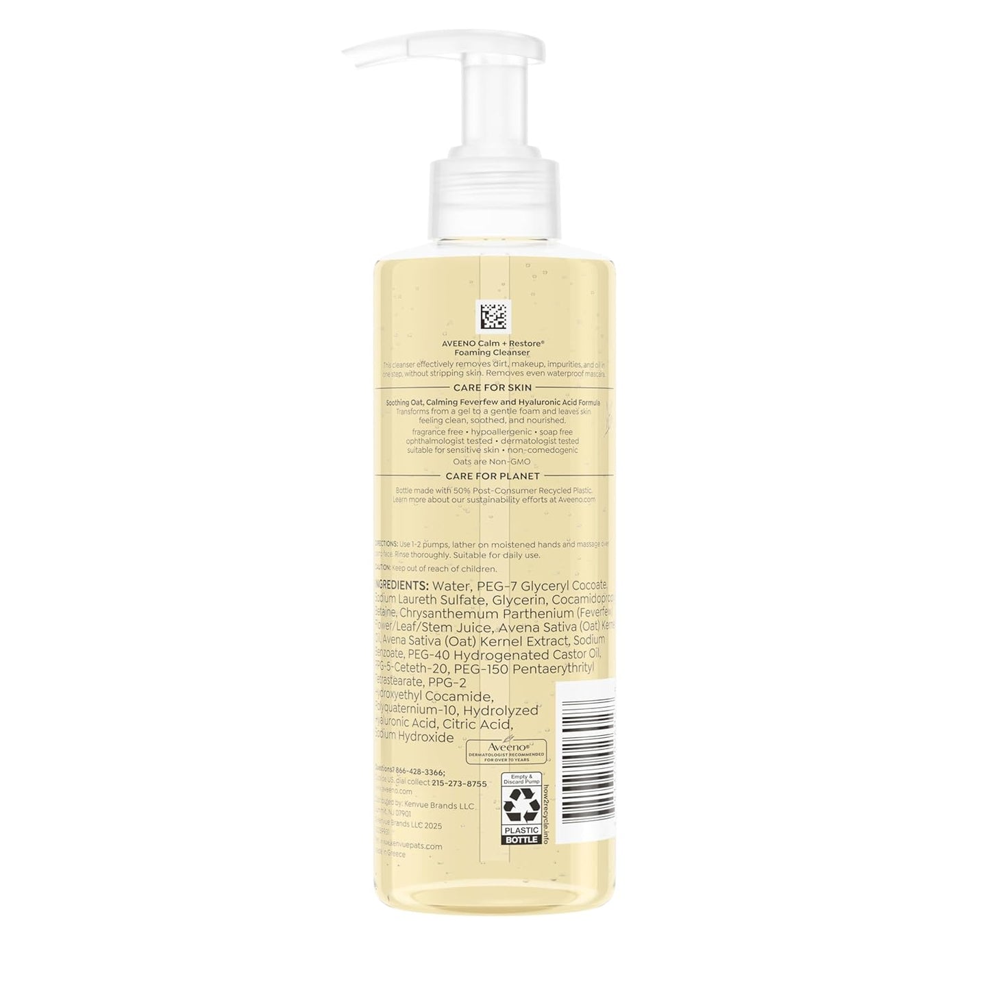 Aveeno Calm + Restore Limpiador espumoso para piel sensible, lavado facial diario que elimina suavemente el maquillaje y limpia la piel con avena calmante, altamisa y ácido hialurónico, sin fragancia