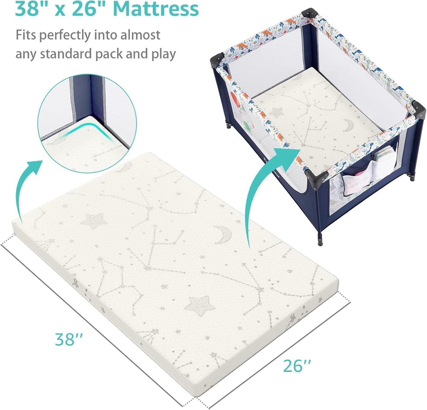 YENING Colchón de bambú Pack and Play, transpirable, 38 x 26 pulgad...