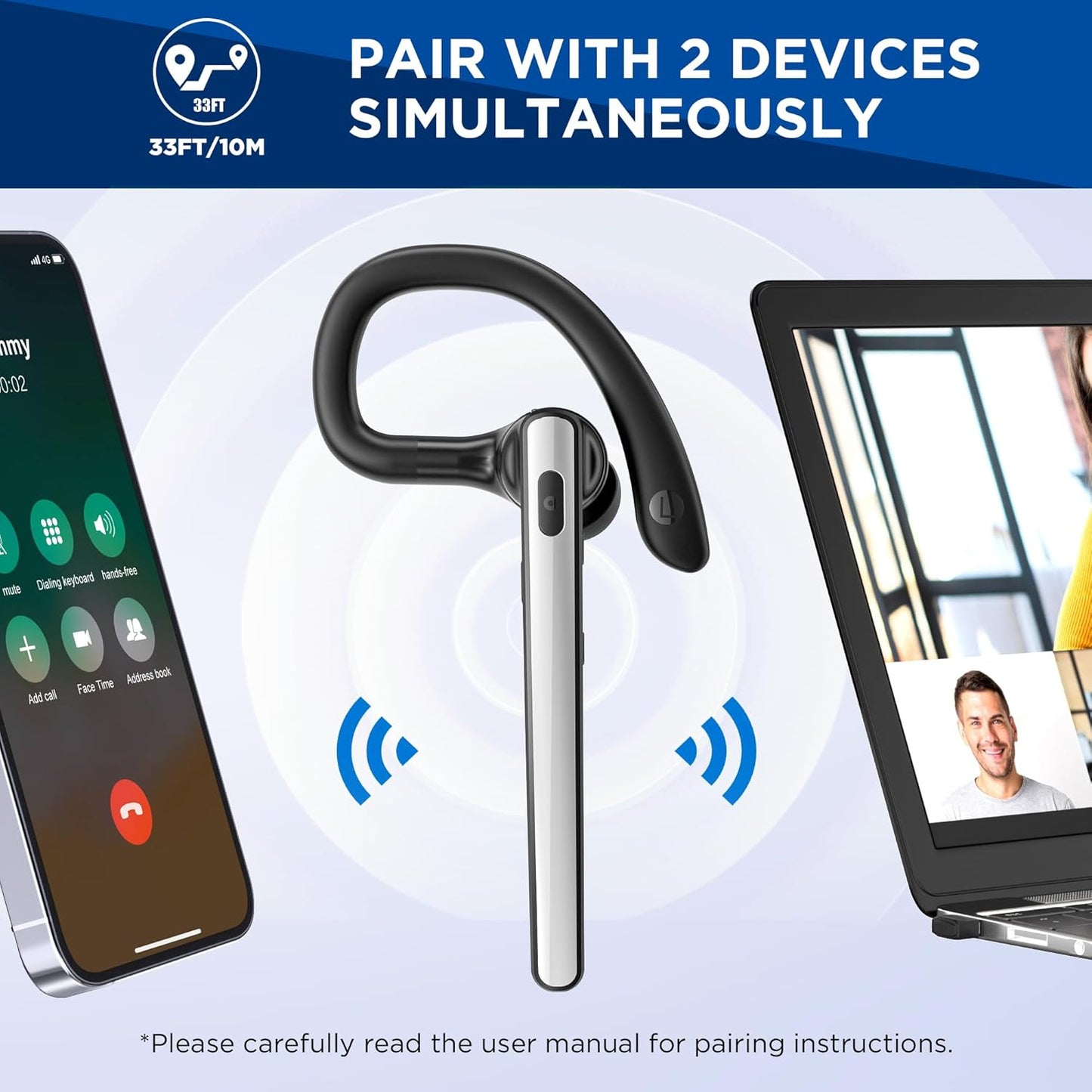 Auriculares Bluetooth V5.3, auricular Bluetooth inalámbrico con funda de carga de 600 mAh, tiempo de reproducción de 110 horas, auriculares manos libres para teléfono celular y computadora con micrófono integrado para trabajo, camionero, oficina
