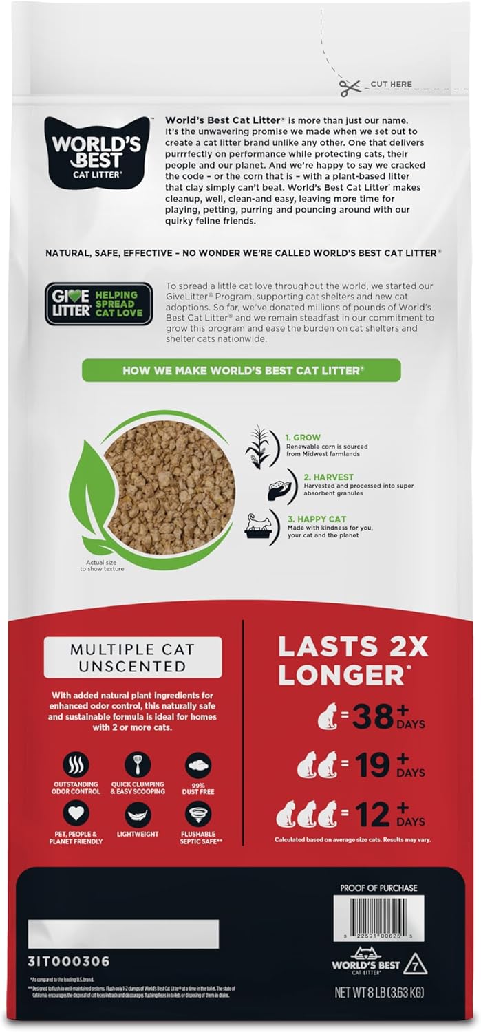 WORLD'S BEST CAT LITTER Múltiples gatos sin perfume, 8 libras,...