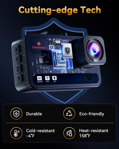 Cámara de tablero frontal y trasera 4K+4K, tarjeta gratuita de 128 GB incluida, cámara WiFi de 5.8 GHz para autos, GPS integrado, sensor G, gran angular de 170°, pantalla IPS de 3 pulgadas