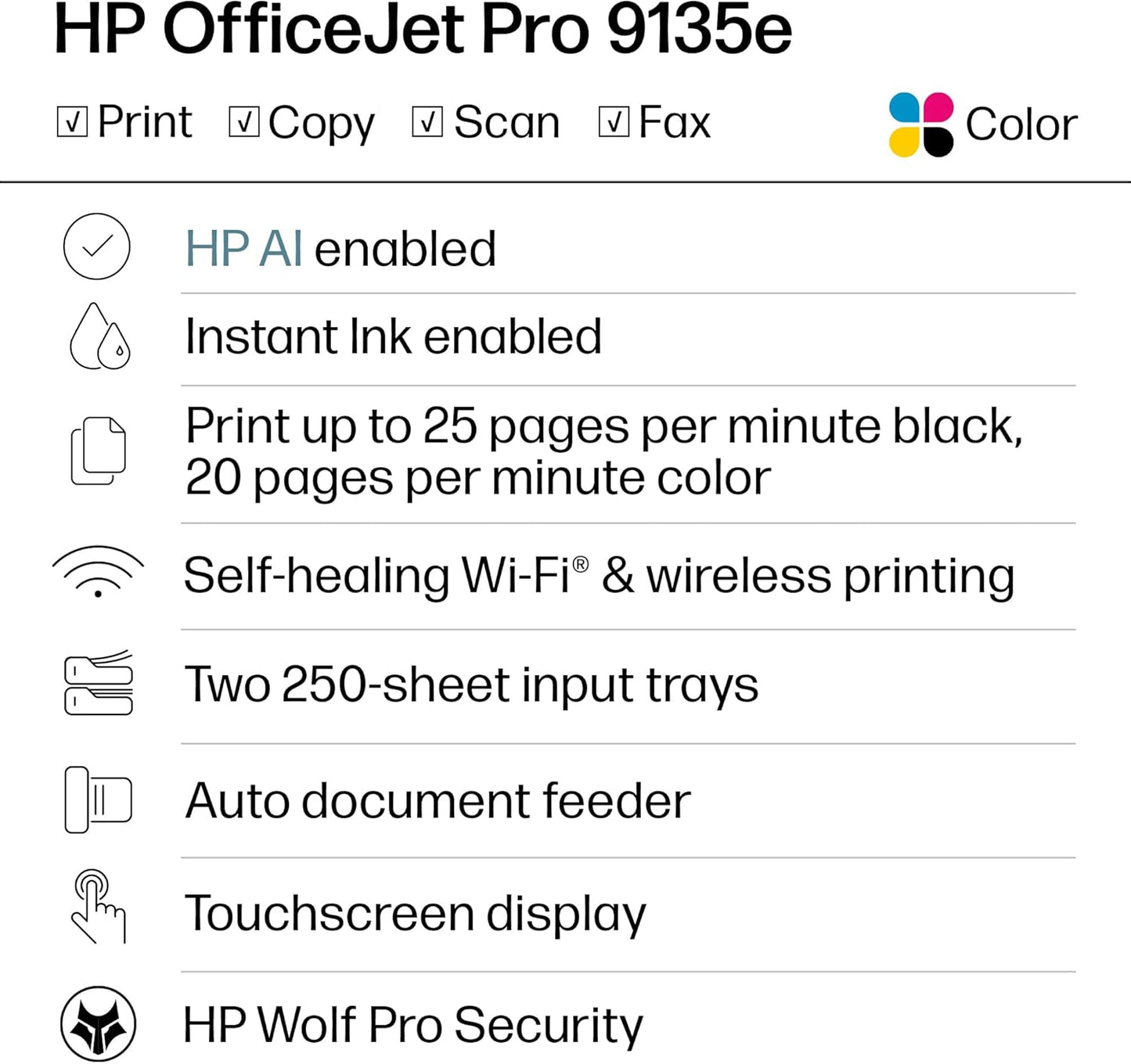 HP OfficeJet Pro 9135e Impresora inalámbrica todo en uno a color por inyección de tinta, imprime, escanea, copia, fax, ADF, impresión a doble cara ideal para la oficina, prueba de 3 meses de tinta
