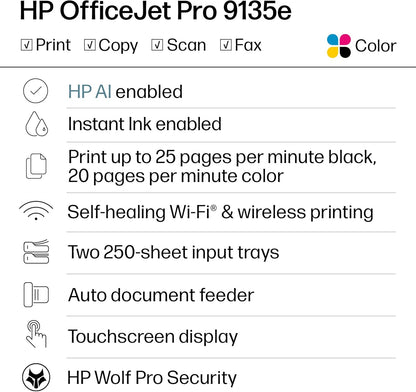 HP OfficeJet Pro 9135e Impresora inalámbrica todo en uno a color por inyección de tinta, imprime, escanea, copia, fax, ADF, impresión a doble cara ideal para la oficina, prueba de 3 meses de tinta