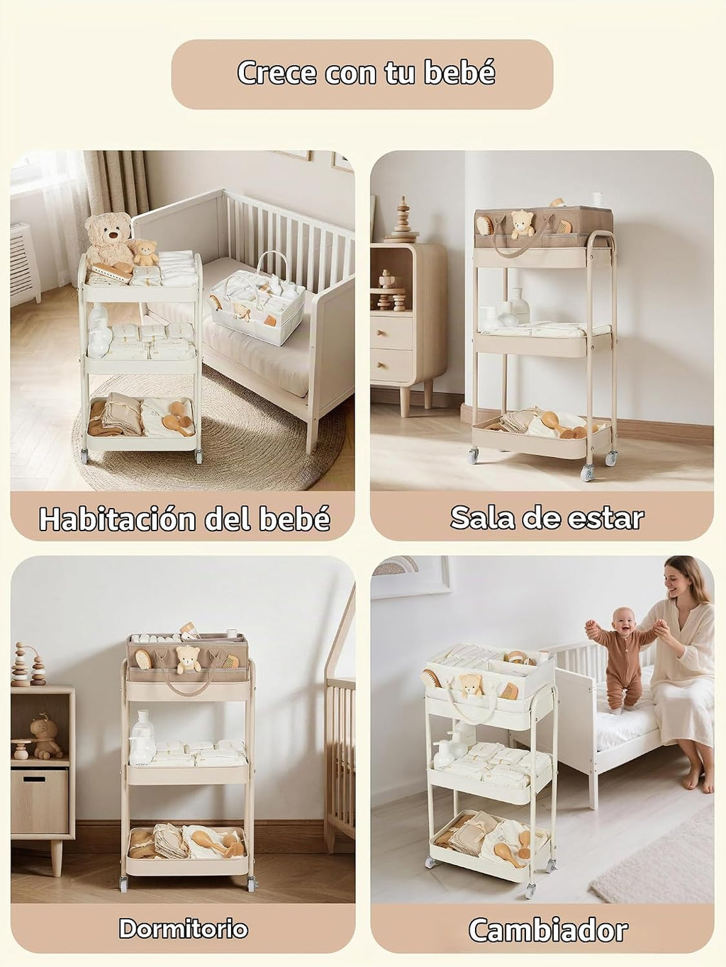 Fortella Carrito de pañales para bebés, carrito rodante de 3 nivele...