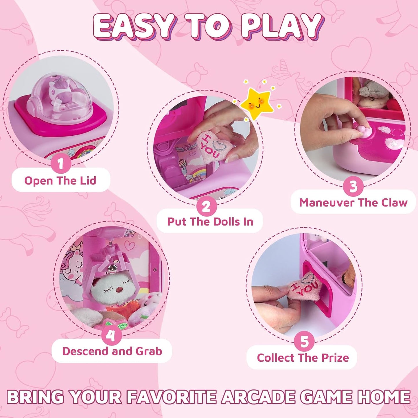 Marlrin Máquina de Garra para Niños, Mini Máquina Expendedora Juguetes de Unicornio para Niñas, Agarrador de Dulces Dispensador de Premios con Sonido y 20 Mini Juguetes de Peluche, Juego de Arcade