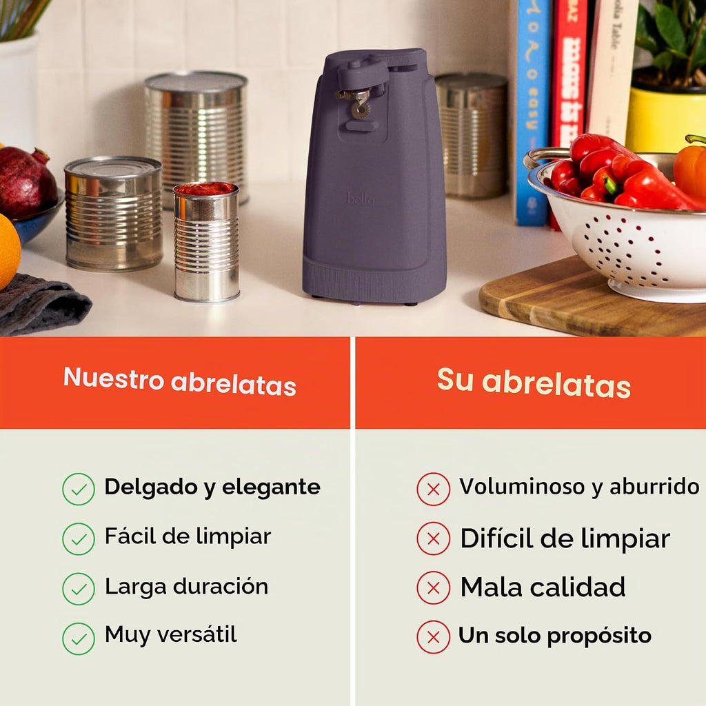 bella Abrelatas eléctrico y afilador de cuchillos, palanca de corte...