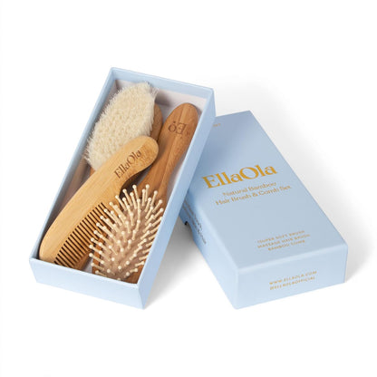 ELLAOLA Juego de cepillo y peine de bambú natural, 3 piezas - Cepillo para costra láctea, cepillo de masaje para el cabello, peine de bambú para niños pequeños, recién nacidos y bebés | Regalo para el