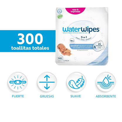 WaterWipes Sensitive+ Toallitas para Recién Nacidos y Bebés, 3 en 1...