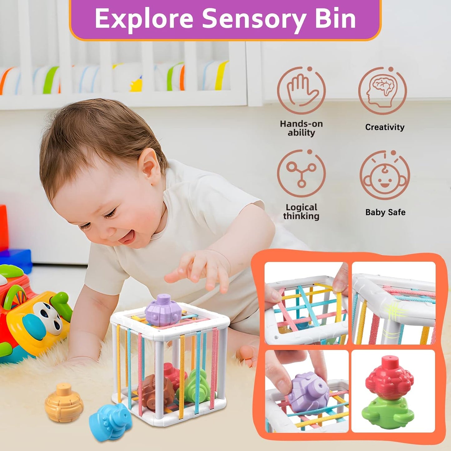 Juguetes para bebés de 6 a 12 meses, cubos sensoriales Montessori y juguetes de dentición, bloques apilables 6 en 1, anillos, huevos, giratorio, forma de cangrejo, 27 piezas, edades de 6 a 36