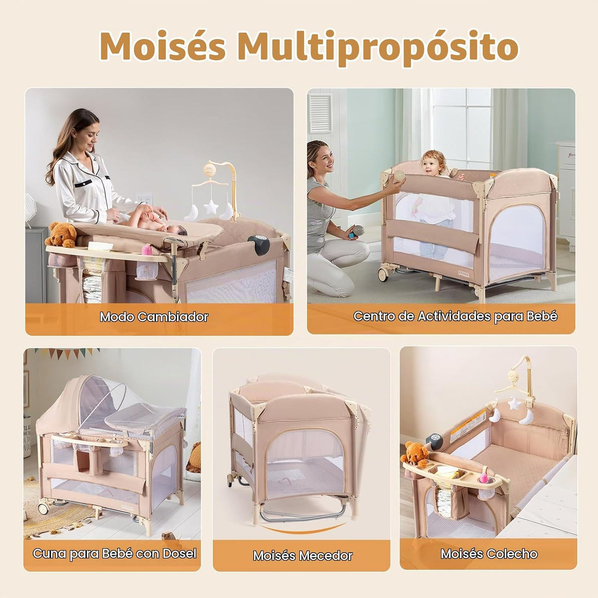 JOYMOR Cuna de 9 en 1 junto a la cama con mesa de cambio, empaque y...