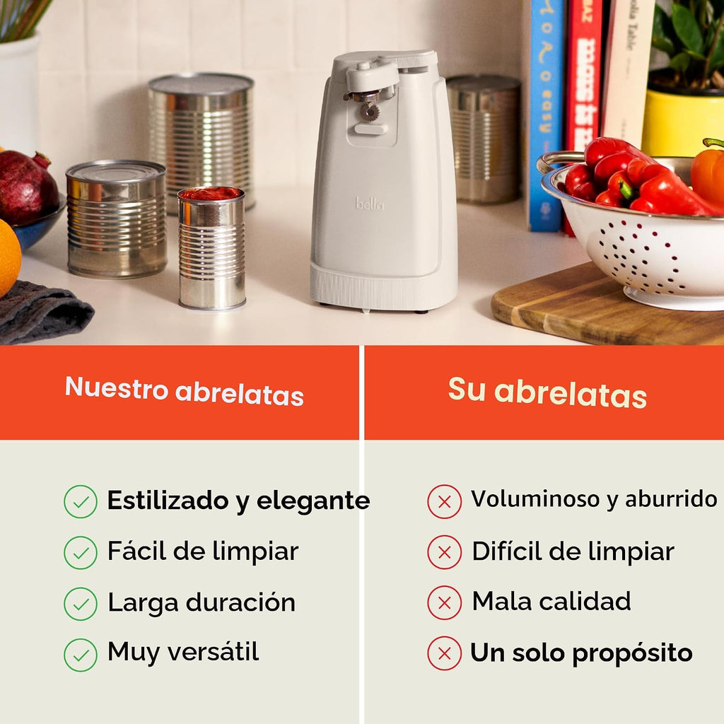 bella Abrelatas eléctrico y afilador de cuchillos, palanca de corte...