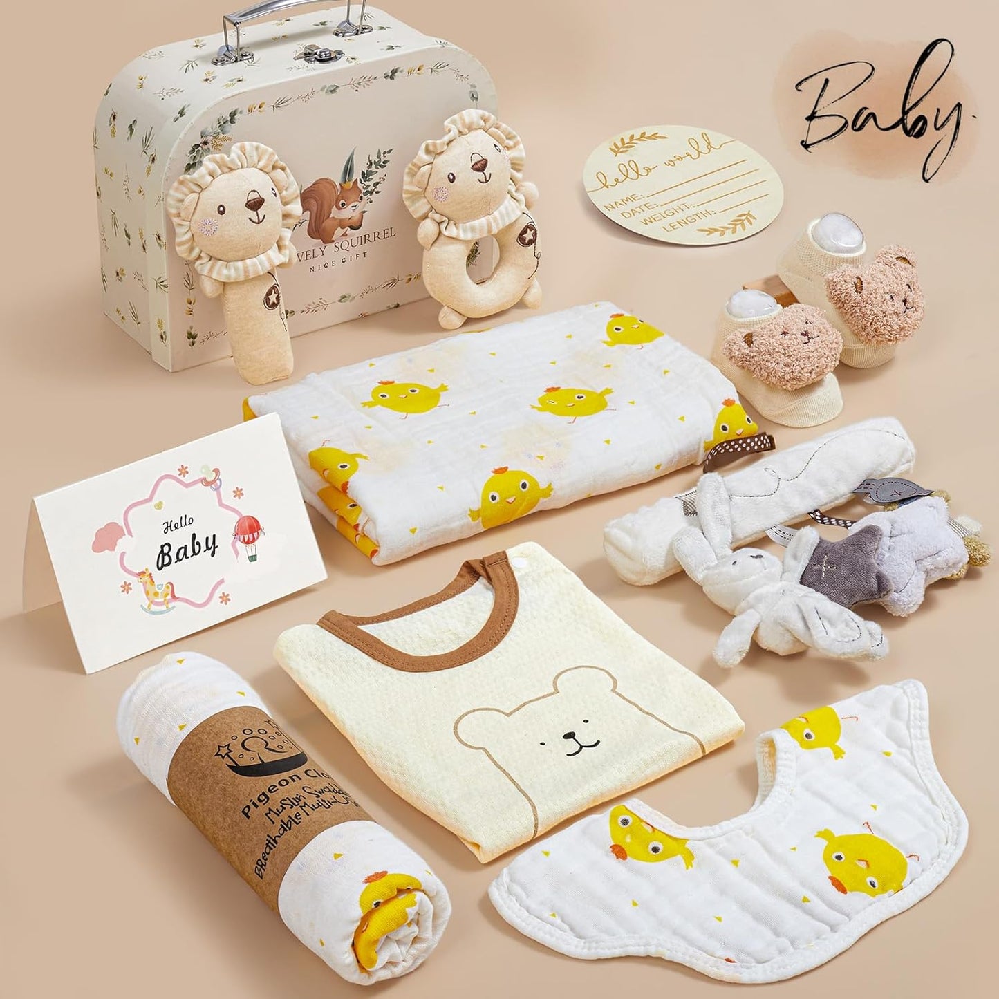 Golray 9 piezas Cestas de Regalo para Bebés Recién Nacidos para Niños y Niñas Baby Shower, 2 Sonajeros/Juguete Colgante de Asiento/Manta/Body/Babero/Calcetines 3D/Hito de Madera/Caja de Transporte