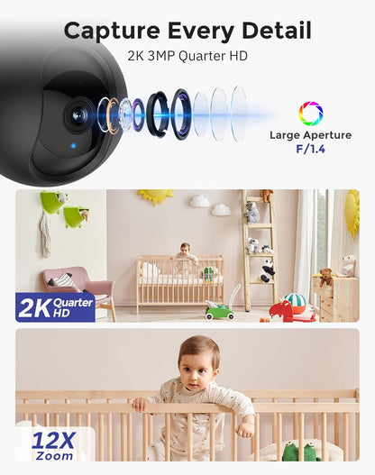 Hugolog - Cámara de seguridad interior Pan\/Tilt de 2K 3MP con enfo...
