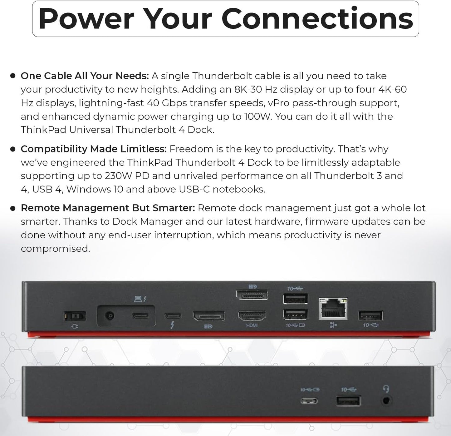 Paquete de estación de acoplamiento Lenovo 40B00300US USB C - 1 año de garantía, compatible con pantalla 4K, Thunderbolt 4 Dock con adaptador de 300 W, Anyhdd HDMI, DisplayPort, cables Thunderbolt y tela