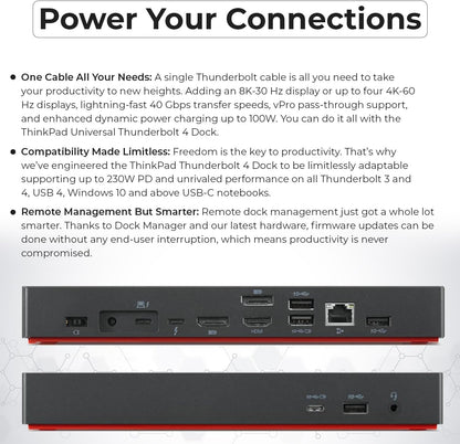 Paquete de estación de acoplamiento Lenovo 40B00300US USB C - 1 año de garantía, compatible con pantalla 4K, Thunderbolt 4 Dock con adaptador de 300 W, Anyhdd HDMI, DisplayPort, cables Thunderbolt y tela