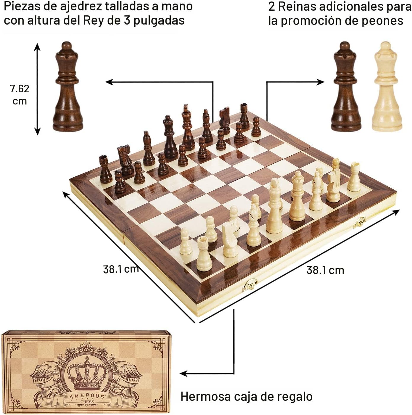 AMEROUS Juego de ajedrez magnético de madera de 15 pulgadas, 2 rein...