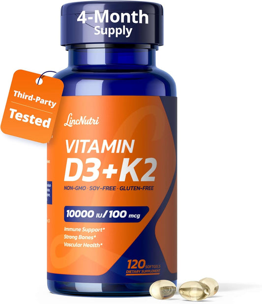 LincNutri Viamin D3 K2 10,000IU, MK-7 100mcg 120 cápsulas blandas p...