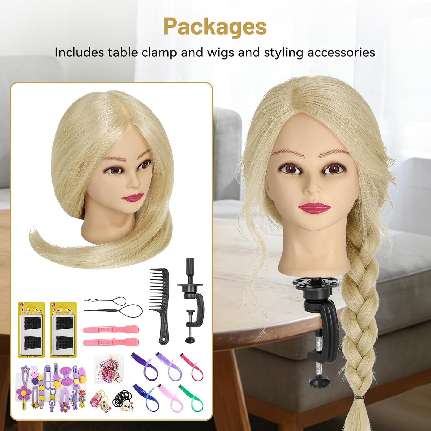 Cabeza de maniquí con 90% cabello humano, cabeza de muñeca de pelo...