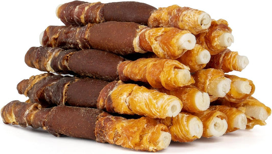 MON2SUN Golosinas para perros, palitos de cuero crudo envueltos de...