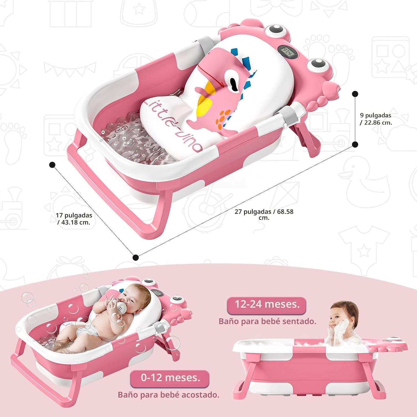 Bañera plegable para recién nacidos a niños pequeños con monitor de...