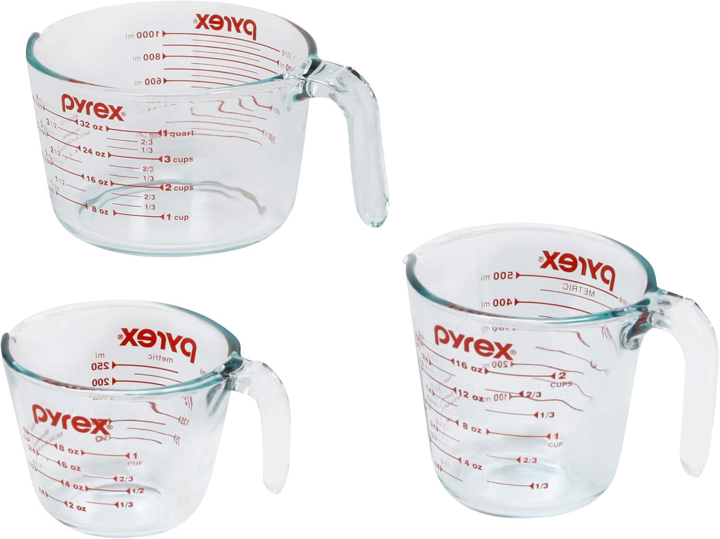 Pyrex Essentials (3-Pack) Tazas medidoras de vidrio, juego de tazas medidoras (1, 2 y 4 tazas) para preparar, hornear y cocinar, aptas para horno precalentado, lavavajillas, congelador y microondas