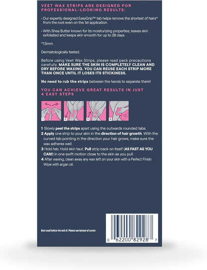 VEET Tiras de cera de azúcar para depilación corporal de mujer, kit de depilación de bikini, púbico, dermatológicamente probado para áreas corporales e íntimas, 40 tiras de cera con manteca de karité
