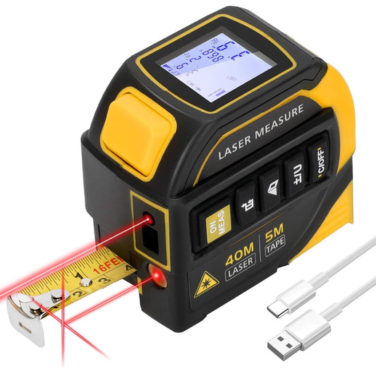 Cinta métrica láser 4 en 1 con nivel y punto de mira, cinta métrica de bloqueo automático de 16 pies y herramienta de medición láser de 130 pies con pantalla LCD grande, área, volumen, pitagórico, coseno