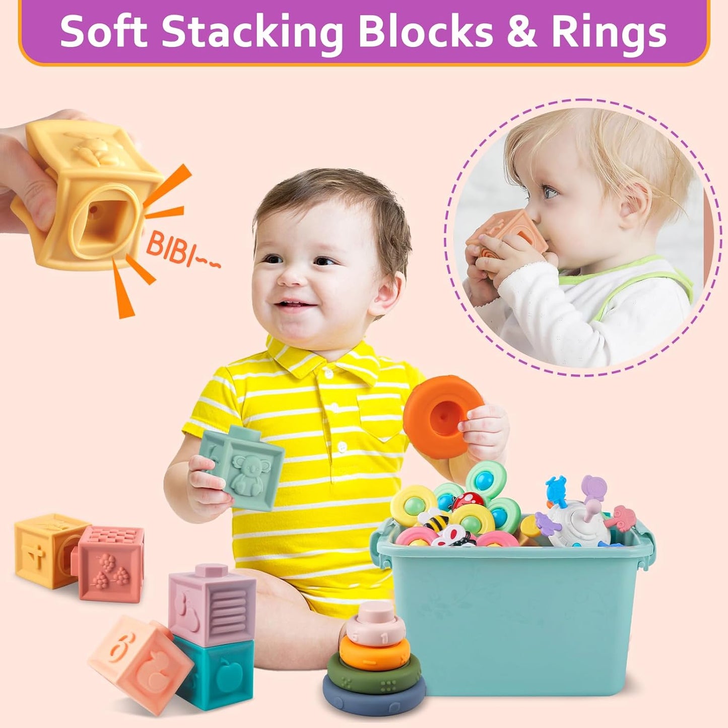 Juguetes para bebés de 6 a 12 meses, cubos sensoriales Montessori y juguetes de dentición, bloques apilables 6 en 1, anillos, huevos, giratorio, forma de cangrejo, 27 piezas, edades de 6 a 36