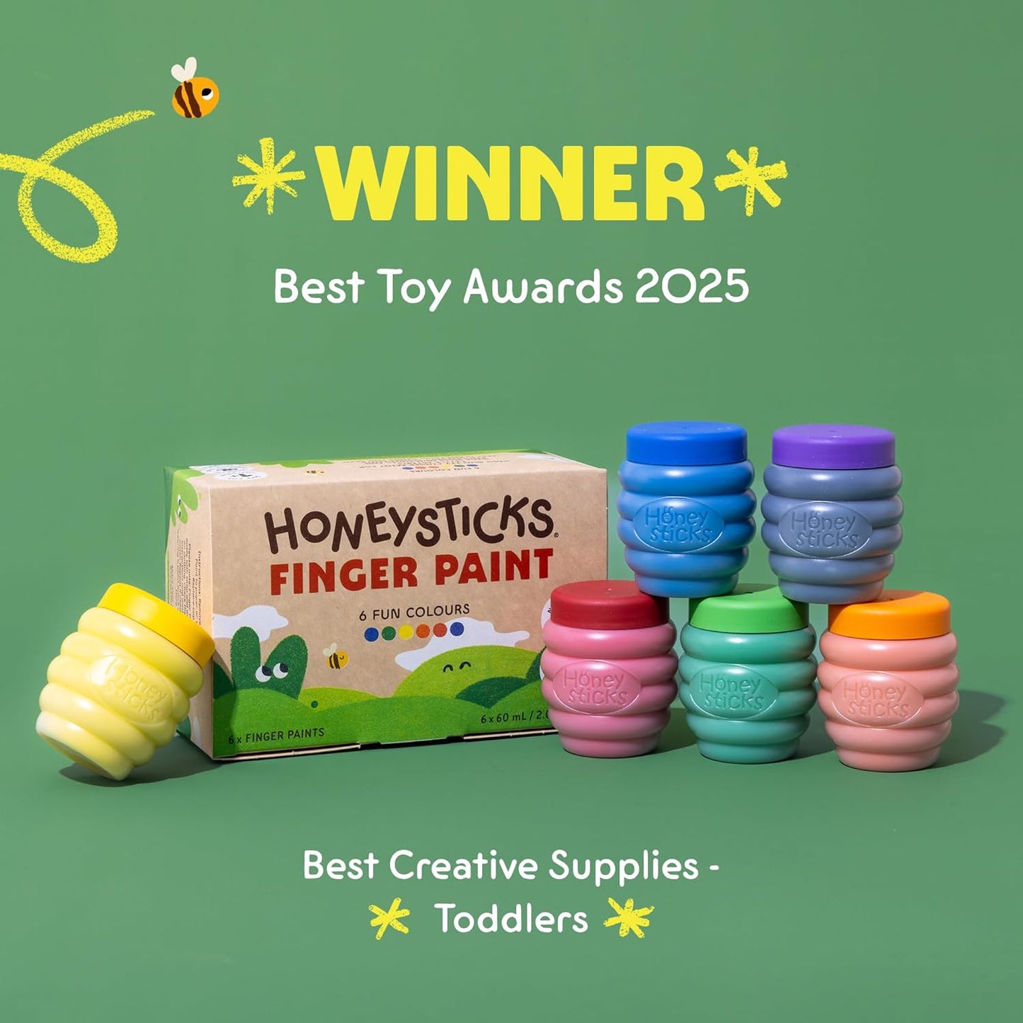 Honeysticks Pintura de dedos no tóxica (6 colores brillantes), lavable de la piel, pintura segura para dedos para niños pequeños, niños de 1 a 3, 2 a 4, 3 a 5 años, primera pintura perfecta para