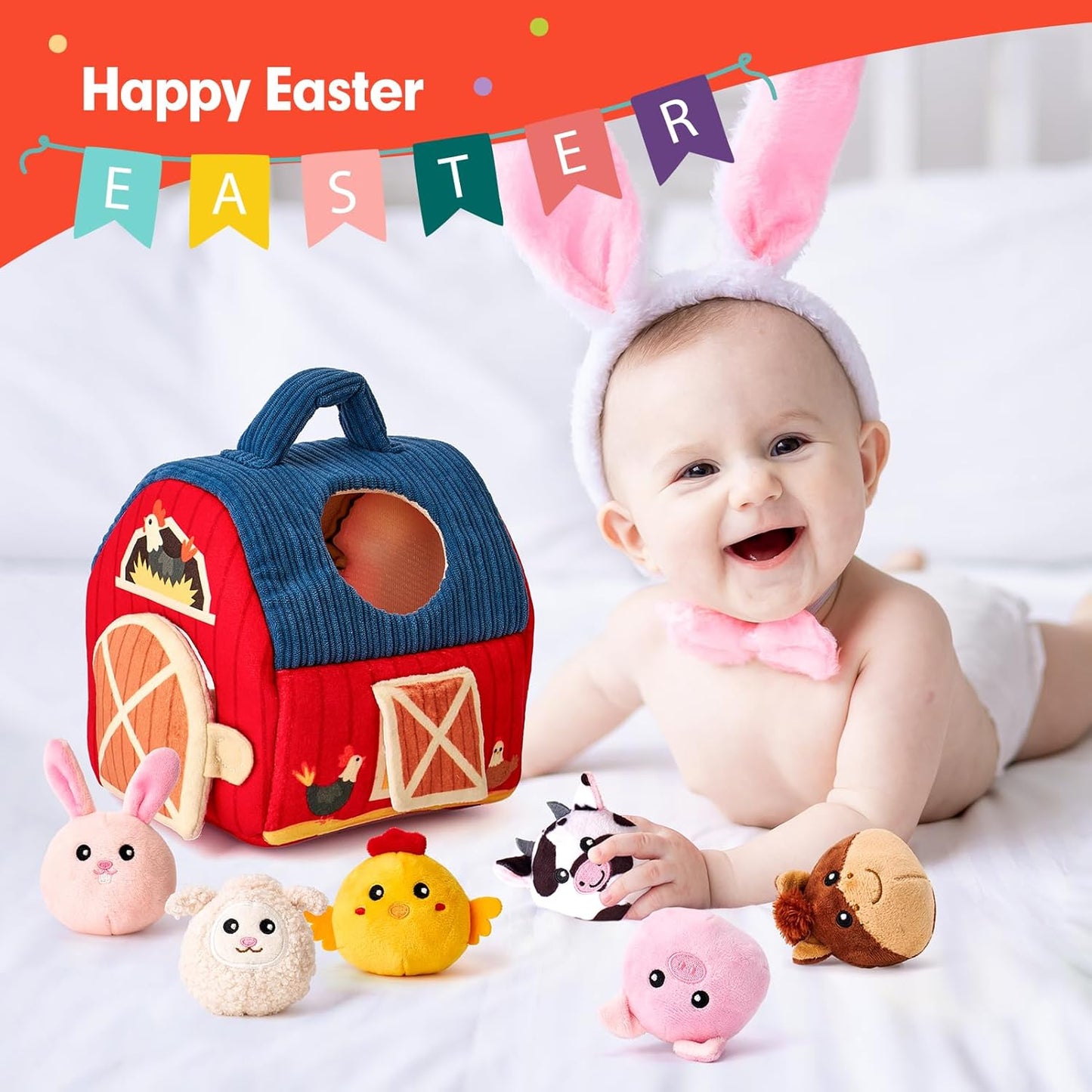 hahaland - Juguetes para bebés de 6-12 meses, juego de granero con animales de peluche de granja, sonajero, papel crujiente, espejo, juguetes montessori sensoriales para niños pequeños de 1-3 años