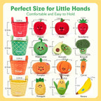 Hahaland Juguetes sensoriales para bebés - 16 piezas Mi primera fruta Verdura Clasificación de color de alimentos de juego crujiente, sonajero, juguetes para bebés 6-12 meses Juguetes Montessori para