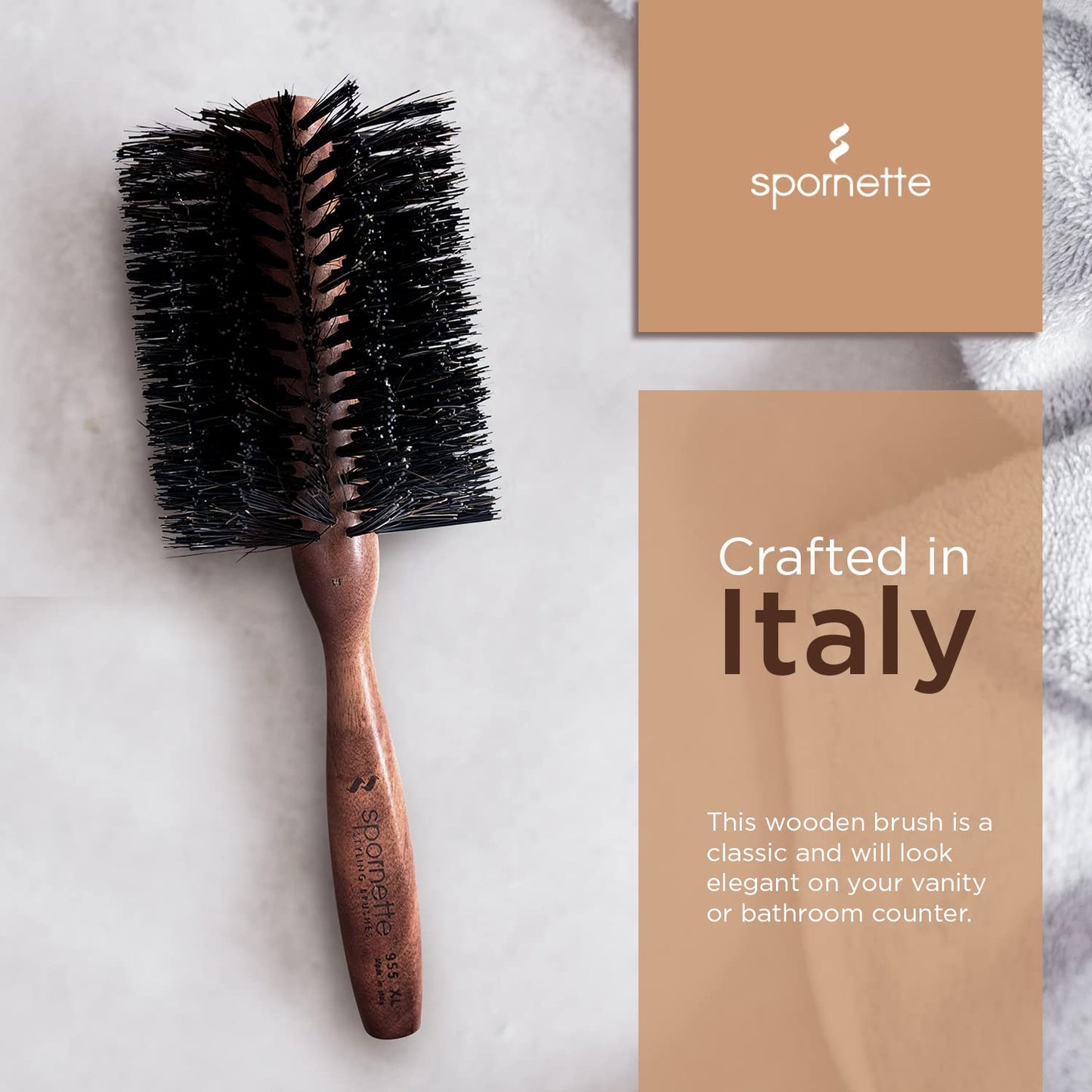Spornette Cepillo de pelo redondo italiano de 3 pulgadas (#955-XL) – Cepillo redondo de cerdas de jabalí de doble densidad con mango de madera para secar con soplado, peinar, dar volumen, alisar y rizar cabello medio a largo