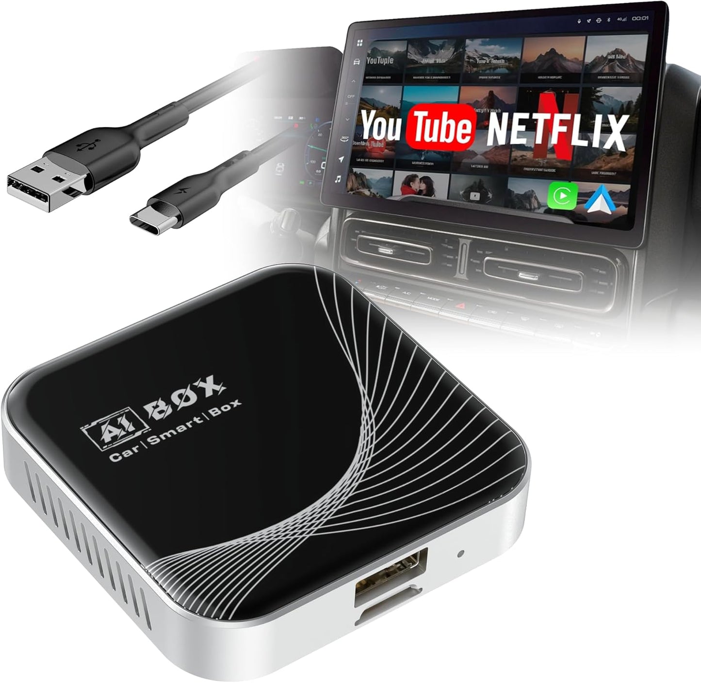Adaptador Inalámbrico CarPlay y Android Auto 3 en 1, Plug & Play, Configuración Fácil, Compatible con Netflix, YouTube, Tarjeta TF y Más para Automóviles con CarPlay/Android Auto Cableado