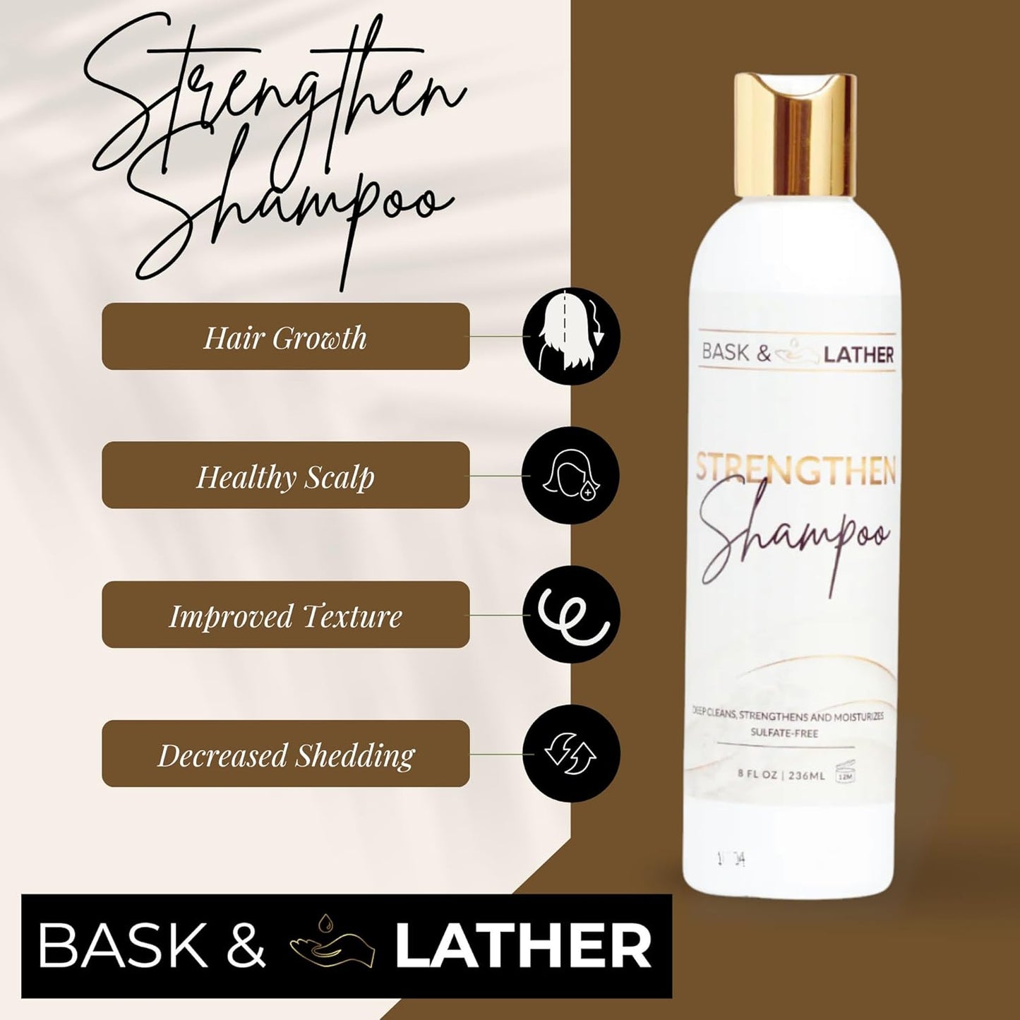 BASK & LATHER Champú para fortalecer el cabello – Fórmula todo natural, pH equilibrado para el crecimiento y reparación del cabello, sin sulfato, sin silicona, sin parabenos, 8 oz
