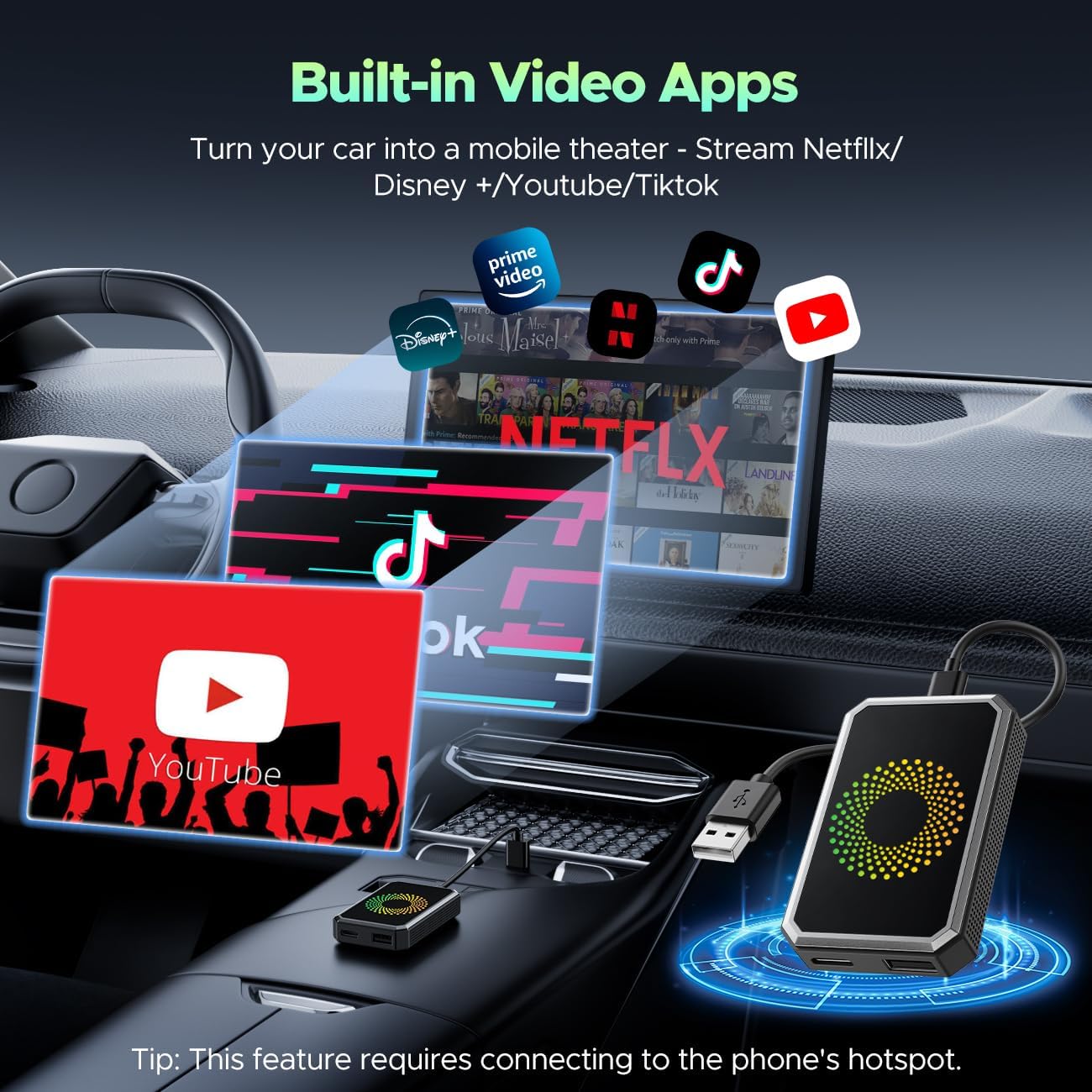 LAMTTO Caja de video mágica 3 en 1 para transmisión de Netflix/YouTube/TikTok, adaptador inalámbrico Carplay Dongle con unidad USB para Apple Car Play con cable OEM y Android Auto Cars