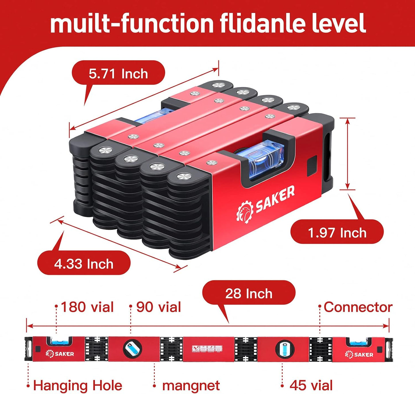 Nivel plegable multifunción de Saker, herramienta niveladora de 28...