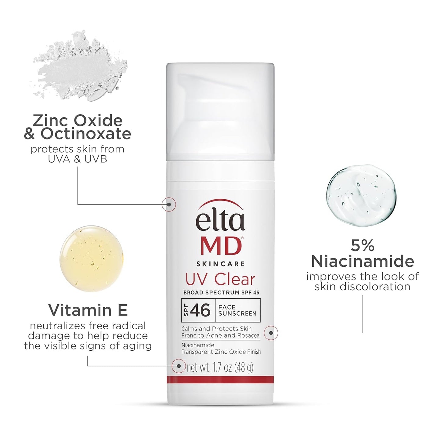 EltaMD Protector solar facial transparente UV SPF 46, sin aceite para cara con óxido de zinc, loción protectora solar recomendada por dermatólogos, para piel sensible propensa al acné, bomba de 1.7 oz