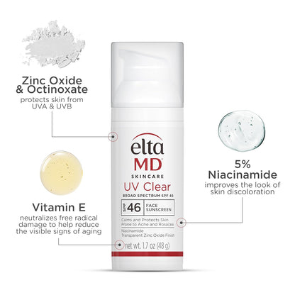 EltaMD Protector solar facial transparente UV SPF 46, sin aceite para cara con óxido de zinc, loción protectora solar recomendada por dermatólogos, para piel sensible propensa al acné, bomba de 1.7 oz