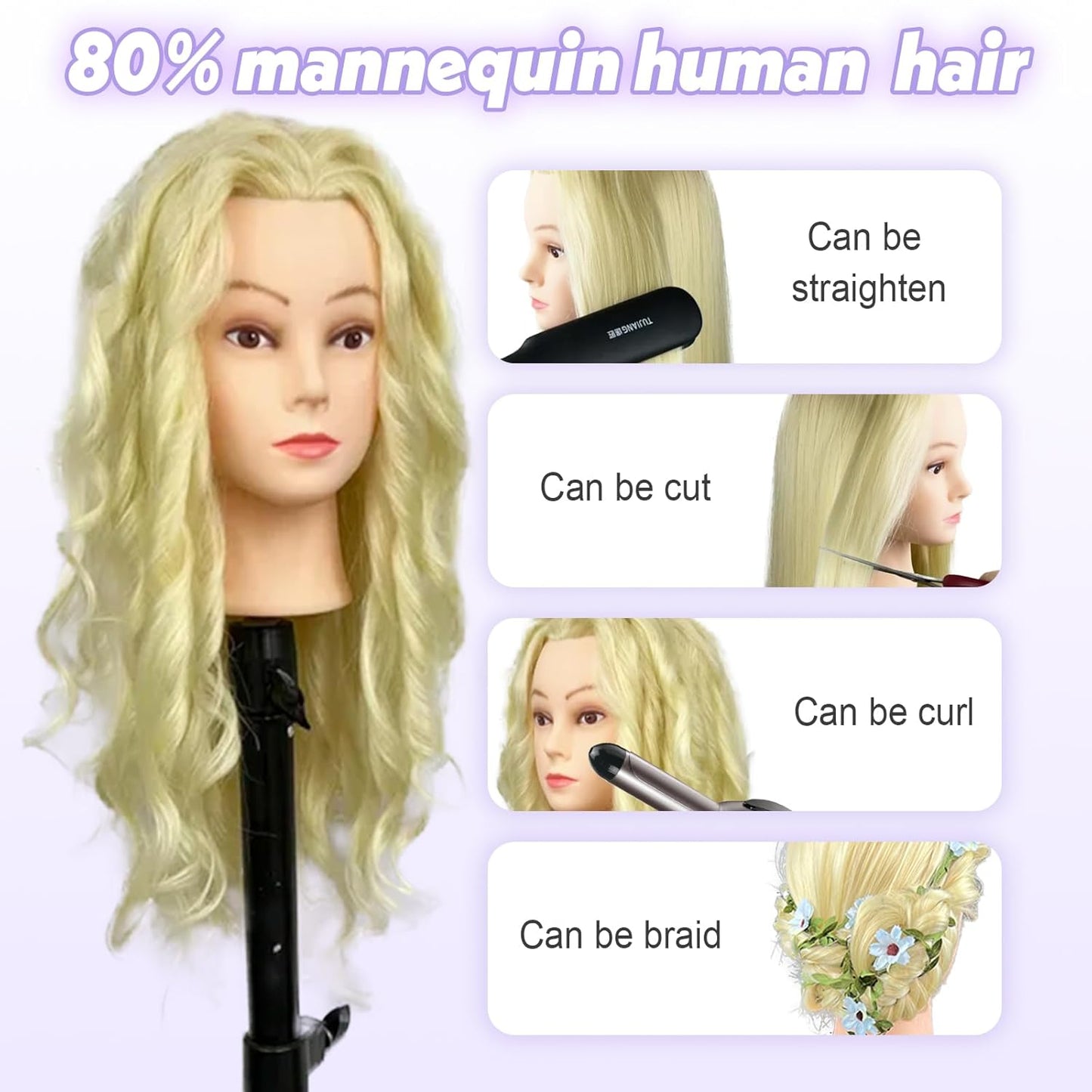 Cabeza de maniquí MQHIHI de 22 pulgadas, cabeza de muñeca de maniqu...