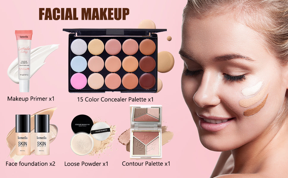 Kit de maquillaje todo en uno para mujer, kit completo de maquillaje, juego de regalo de maquillaje para mujer, paquete esencial de maquillaje incluye base, imprimación facial, paleta de sombras de