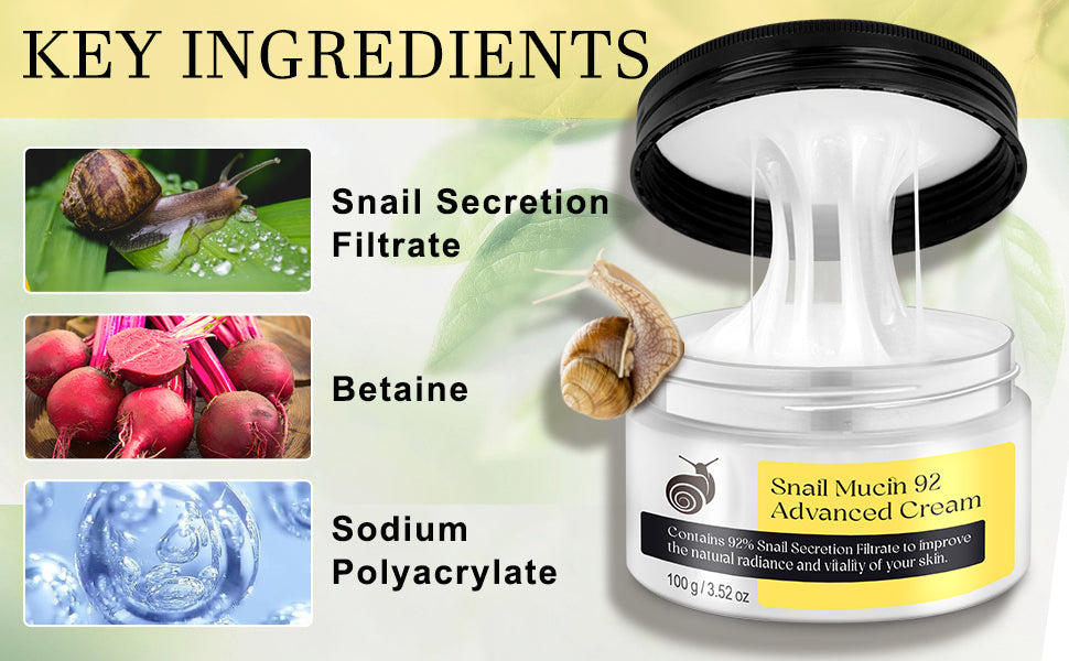 Snail Mucin - Crema de suero reparadora al 92 %, hidratante facial hidratante antiedad, reafirmante y reducción de arrugas, reparación diaria, crema facial de mucina de caracol para piel seca y sensible, todo tipo de piel, 3.53 oz/3.52 onzas