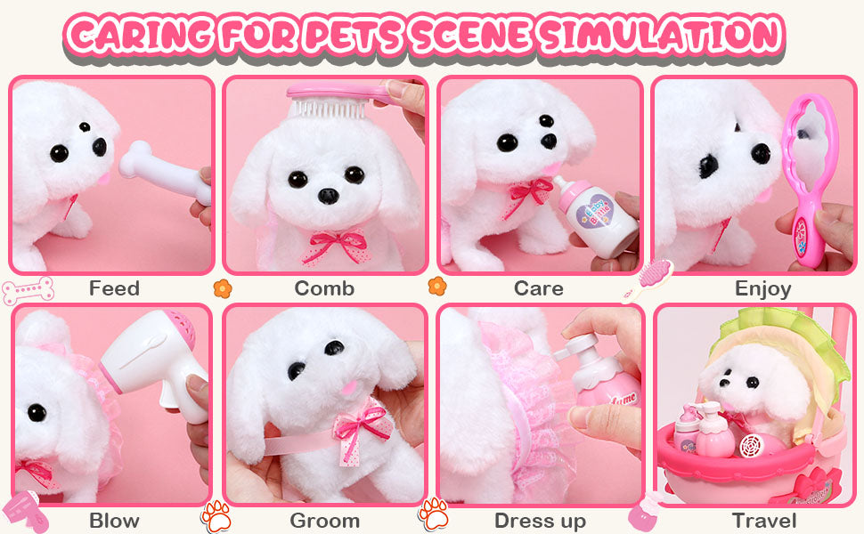 Golray Juguetes de perro para niñas, cochecito y perro de peluche electrónico interactivo que puede caminar, ladrar, 10 piezas de juguete para niña, juego de cuidado de cachorros para niños pequeños